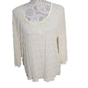 Kim & Co Top Ivory Boho 3/4 Sleeve Puckered Texture Feminine Women's Large